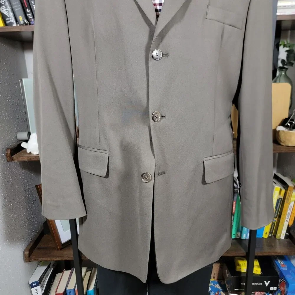 Haggar Men's Sport Coat Blazer Three‎ Button Dark Olive Poly Wool Blend 44L NEW